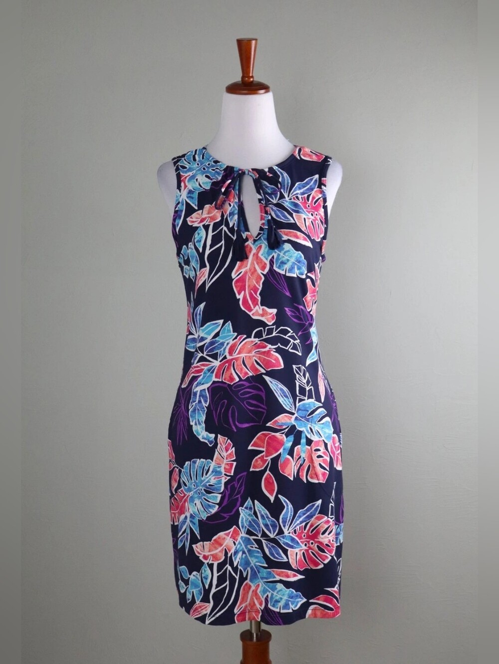 Sleeveless Tropical Print Sheath Dress - Navy with Coral & Aqua